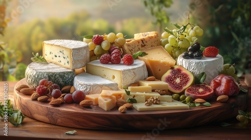 gourmet cheese platter, variety of cheeses with fruits and nuts, soft ambient lighting, rich and inviting tones