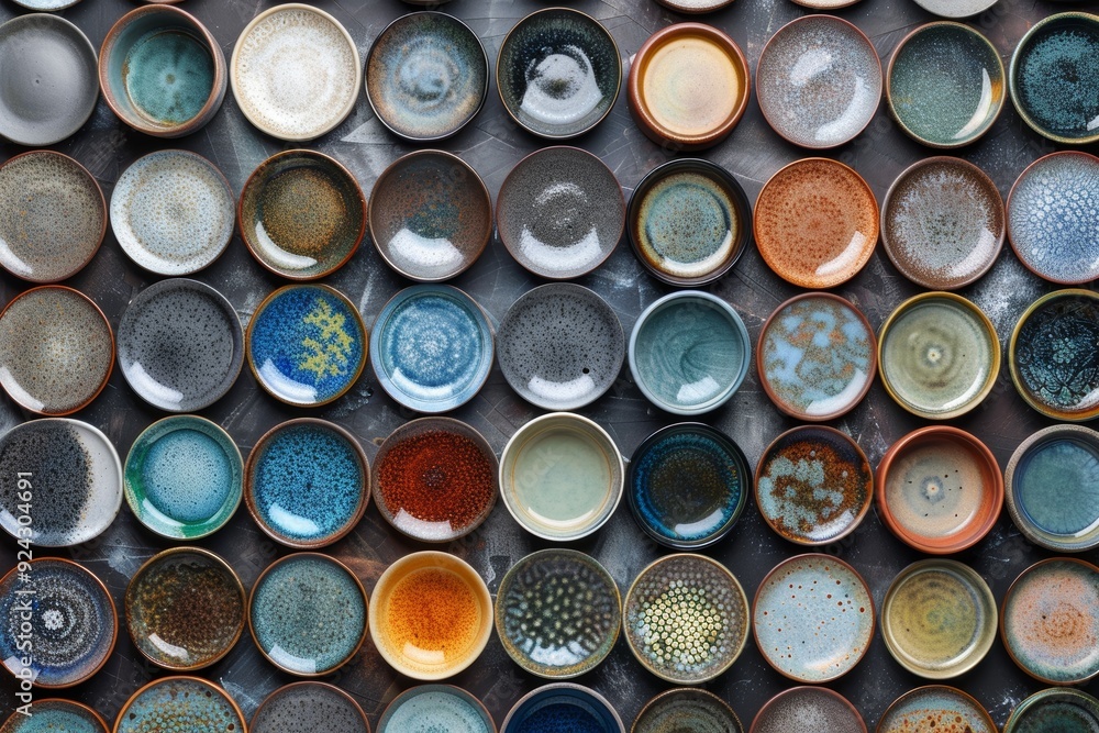 Various ceramic plates in light blue, navy blue, brown, and white displayed from a top-down view on a white background, highlighting different patterns and sizes. Various ceramic plates in light blue, navy blue, brown, and white displayed from a top-down view on a white background, highlighting different patterns and sizes.