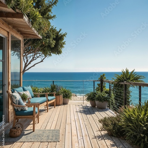 A cozy outdoor patio with seating overlooking a serene ocean view, surrounded by lush greenery. Perfect for outdoor living, relaxation, and vacation themes. photo