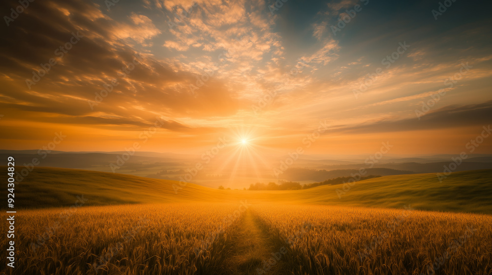 Breathtaking view of a golden sunset casting warm light over a vast wheat field and rolling hills, picturesque landscape Breathtaking view of a golden sunset casting warm light over a vast wheat field and rolling hills, picturesque landscape