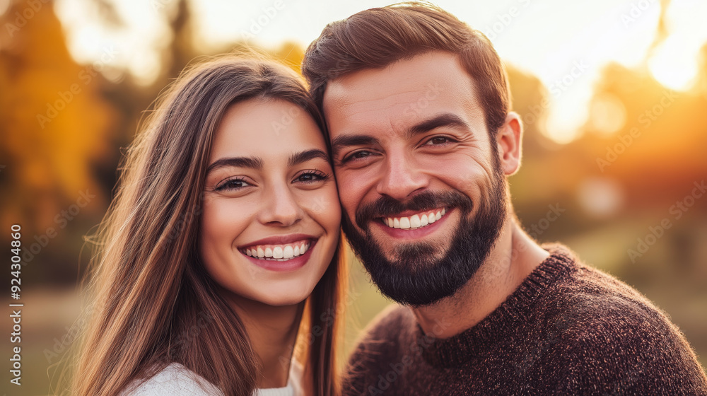 Close-up portrait of a happy couple smiling warmly, standing together in an autumn park during sunset with golden light Close-up portrait of a happy couple smiling warmly, standing together in an autumn park during sunset with golden light