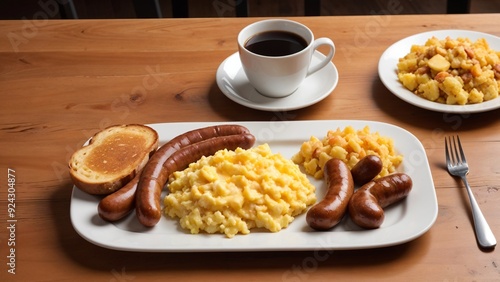 A traditional American breakfast featuring scrambled eggs, sausage, bacon, pancakes, and coffee on a wooden table. Perfect for classic breakfast or diner-themed images. 