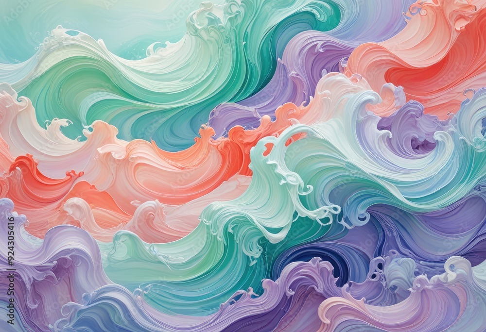 Obraz premium ethereal abstract artwork featuring soft waves and curls in a pastel color palette with prominent tones of lavender, mint green, coral, and sky blue