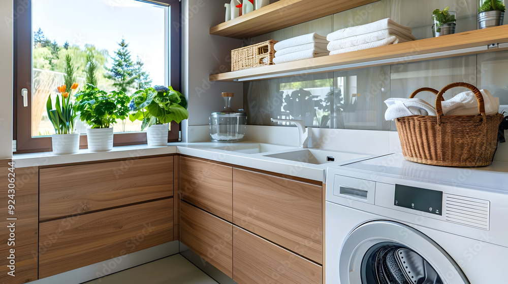 Modern Laundry Room Interior Design with Wooden Cabinets and a Washing Machine Modern Laundry Room Interior Design with Wooden Cabinets and a Washing Machine