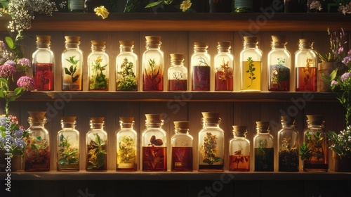 Wallpaper Mural natural apothecary's shelf, filled with eco-friendly medicines and herbal remedies, soft ambient lighting, warm and inviting tones Torontodigital.ca