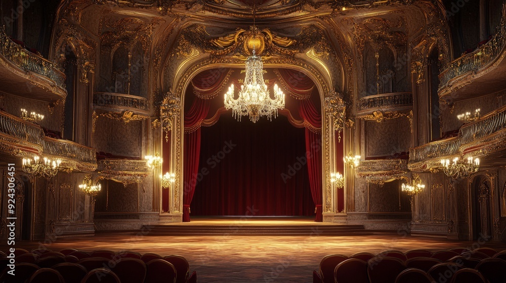 Fototapeta premium ornate, empty opera house interior, with a grand chandelier, velvet seats, and intricate details, soft ambient lighting, elegant and dramatic tones
