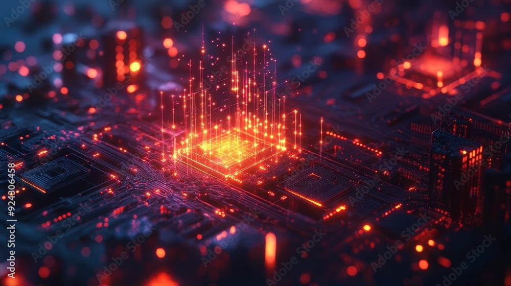 Fototapeta premium Glowing Red Circuit Board with Data Flow