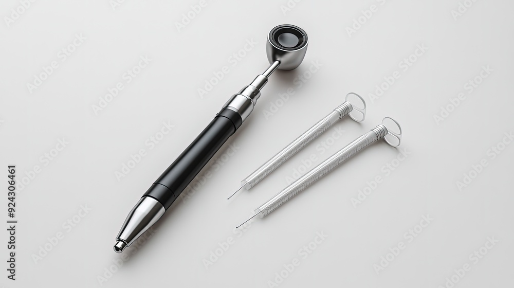 otoscope, used for examining ears, lying next to disposable specula, soft ambient lighting, clean and professional tones otoscope, used for examining ears, lying next to disposable specula, soft ambient lighting, clean and professional tones