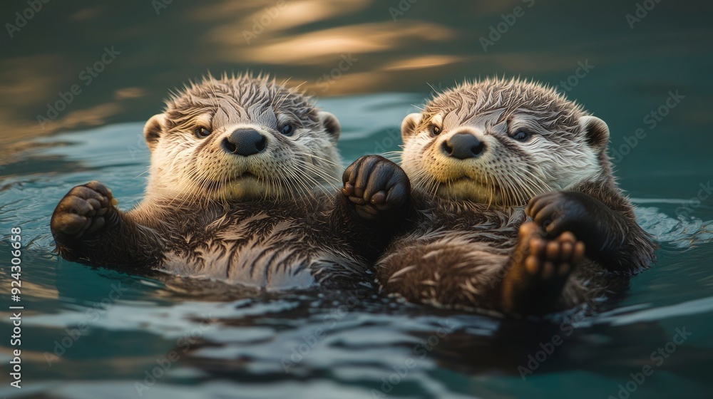 pair of otters holding hands while floating on their backs in the water, soft ambient lighting, cute and affectionate tones pair of otters holding hands while floating on their backs in the water, soft ambient lighting, cute and affectionate tones