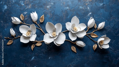 A beautiful and calming triptych featuring white 3d magnolia flowers on a dark blue background. Perfect for modern and minimalist interior design.