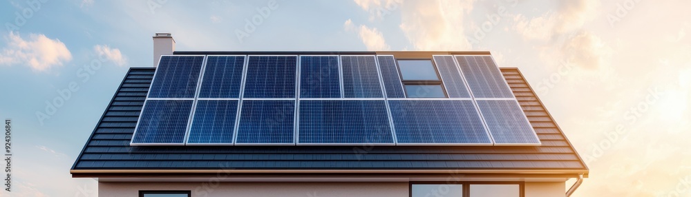 Fototapeta premium Modern house with solar panels on the roof, capturing sunlight for sustainable energy on a sunny day.