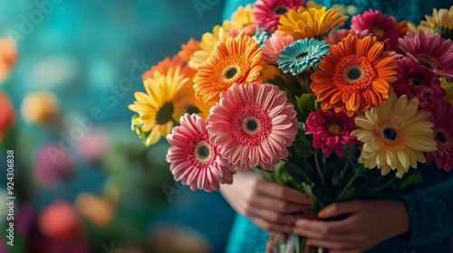 person arranging flowers in a vase, bright and colorful blossoms, soft ambient lighting, vibrant and serene atmosphere