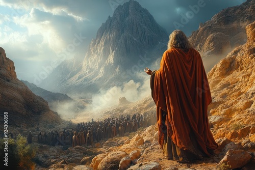 moses addressing israelites near mount sinai dramatic desert landscape divine light tablets of stone gathered multitude in awe photo