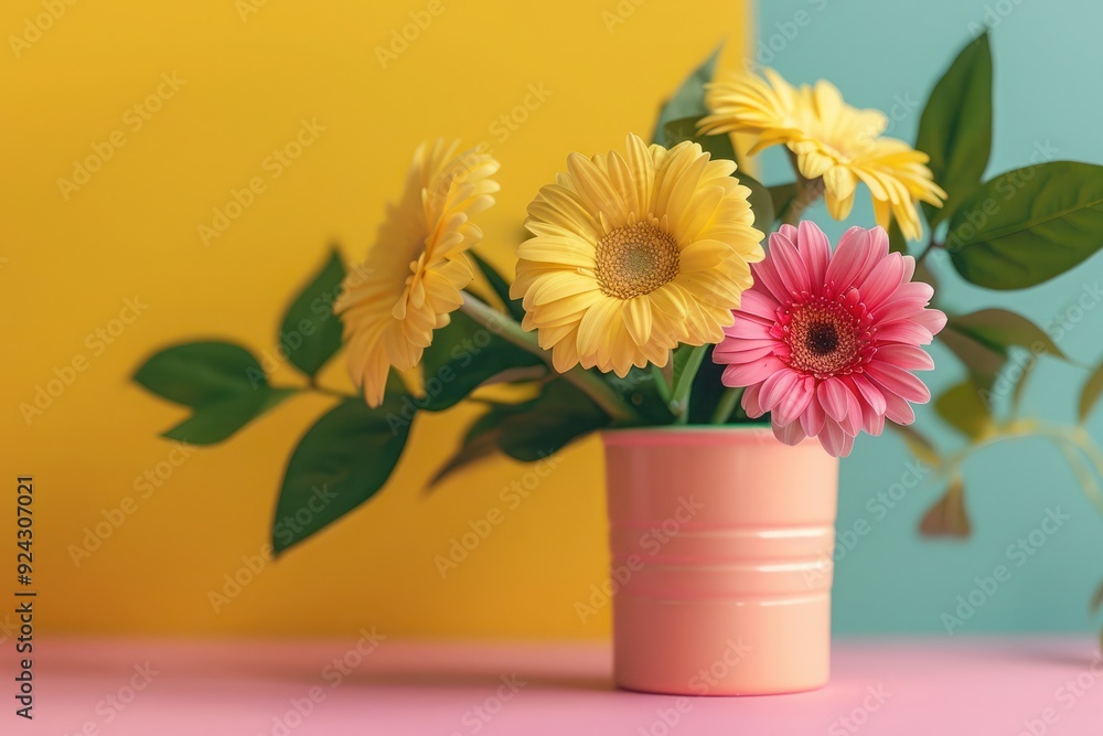 yellow and pink gerbera flowers in a pink cup on a yellow background with a green big green branch with leaves yellow and pink gerbera flowers in a pink cup on a yellow background with a green big green branch with leaves
