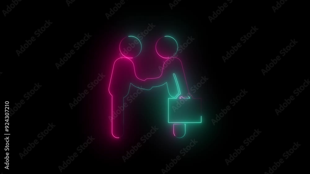 Neon line glowing businessmen-salutation-standing-one-in-front-the-other-and-one-carrying-a-suitcase animation on black background Neon line glowing businessmen-salutation-standing-one-in-front-the-other-and-one-carrying-a-suitcase animation on black background