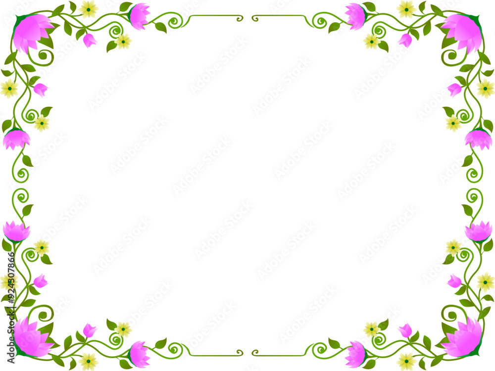 Obraz premium Spring flowering frame branches, Border of spiral pink flowers with leaves