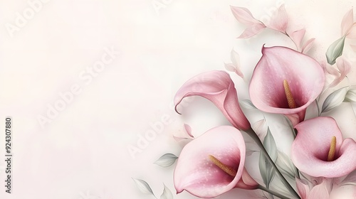 Three pink calla lilies with delicate leaves on a white background. Perfect for quotes, and greeting cards.