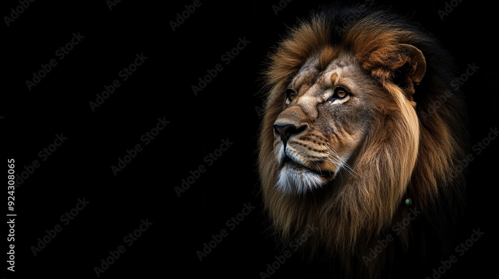 Naklejka premium Majestic Lion Portrait Against Black Background