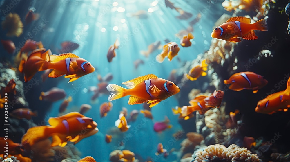 school of fish swimming in unison in a coral reef, bright sunlight filtering through the water, lively and colorful tones school of fish swimming in unison in a coral reef, bright sunlight filtering through the water, lively and colorful tones