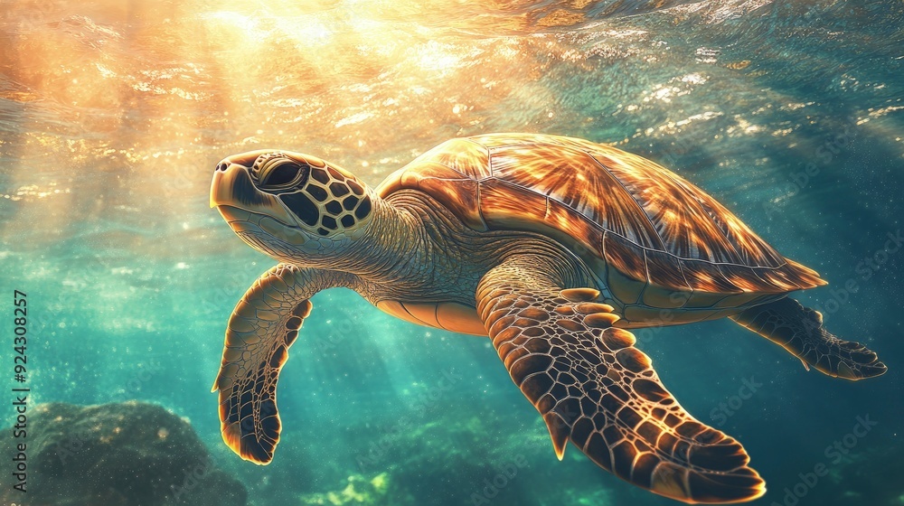 Fototapeta premium sea turtle swimming gracefully in the ocean, bright sunlight filtering through the water, serene and ancient atmosphere