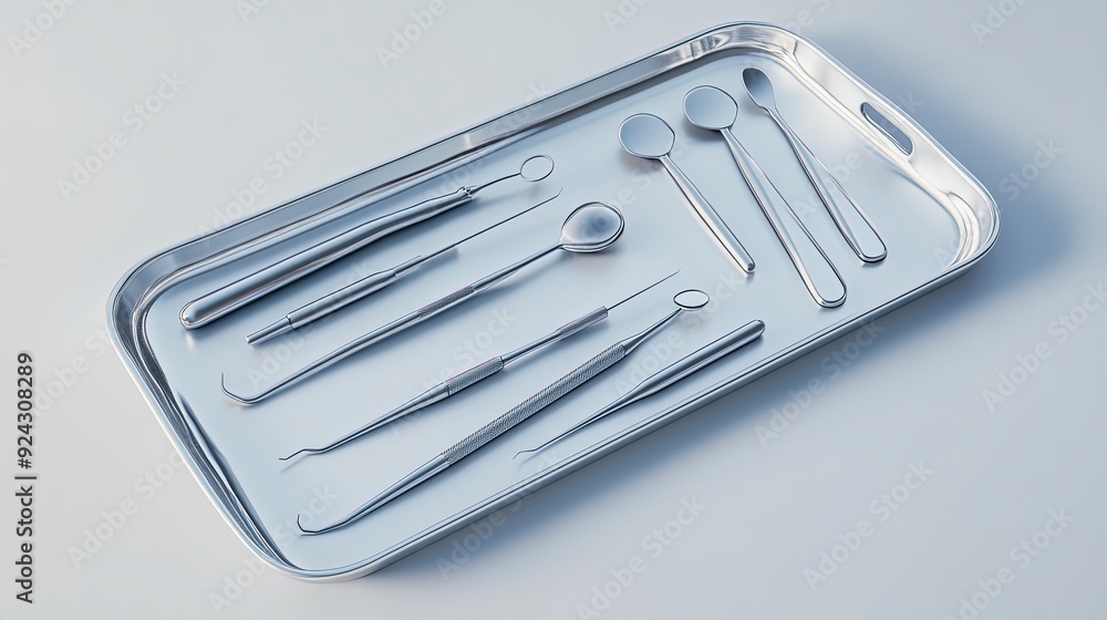 set of dental instruments, including a scaler and probe, arranged on a sterile tray, soft ambient lighting, clean and professional tones set of dental instruments, including a scaler and probe, arranged on a sterile tray, soft ambient lighting, clean and professional tones