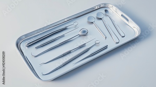 set of dental instruments, including a scaler and probe, arranged on a sterile tray, soft ambient lighting, clean and professional tones photo