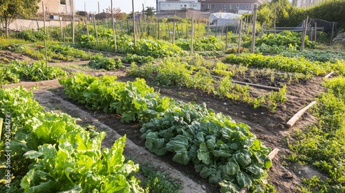 A vibrant community garden contrasts sharply with a neglected plot, highlighting care's impact over neglect.