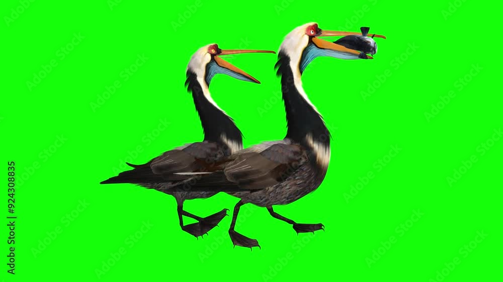 2 South American Black Peruvian Pelican Birds with Caught Fish - Walking Loop - Side View Close Up - Green Screen - Realistic naturalistic 3D animation isolated on chroma key background 2 South American Black Peruvian Pelican Birds with Caught Fish - Walking Loop - Side View Close Up - Green Screen - Realistic naturalistic 3D animation isolated on chroma key background