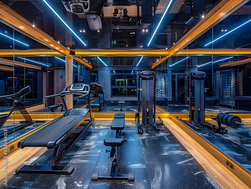 Modern Home Gym Interior with Treadmill and Weight Machines - Photo Modern Home Gym Interior with Treadmill and Weight Machines - Photo