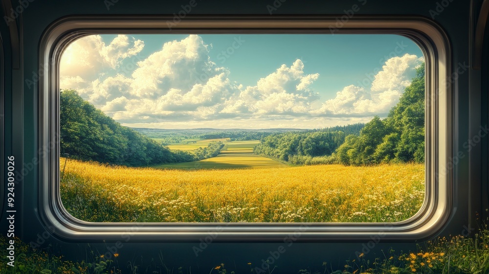 train journey through a picturesque countryside, with fields and forests visible through the windows, bright daylight, scenic and tranquil tones train journey through a picturesque countryside, with fields and forests visible through the windows, bright daylight, scenic and tranquil tones