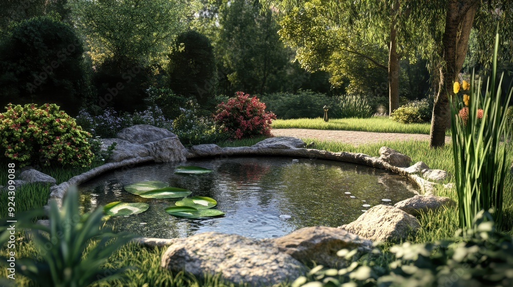 Fototapeta premium Serene Pond in a Lush Garden