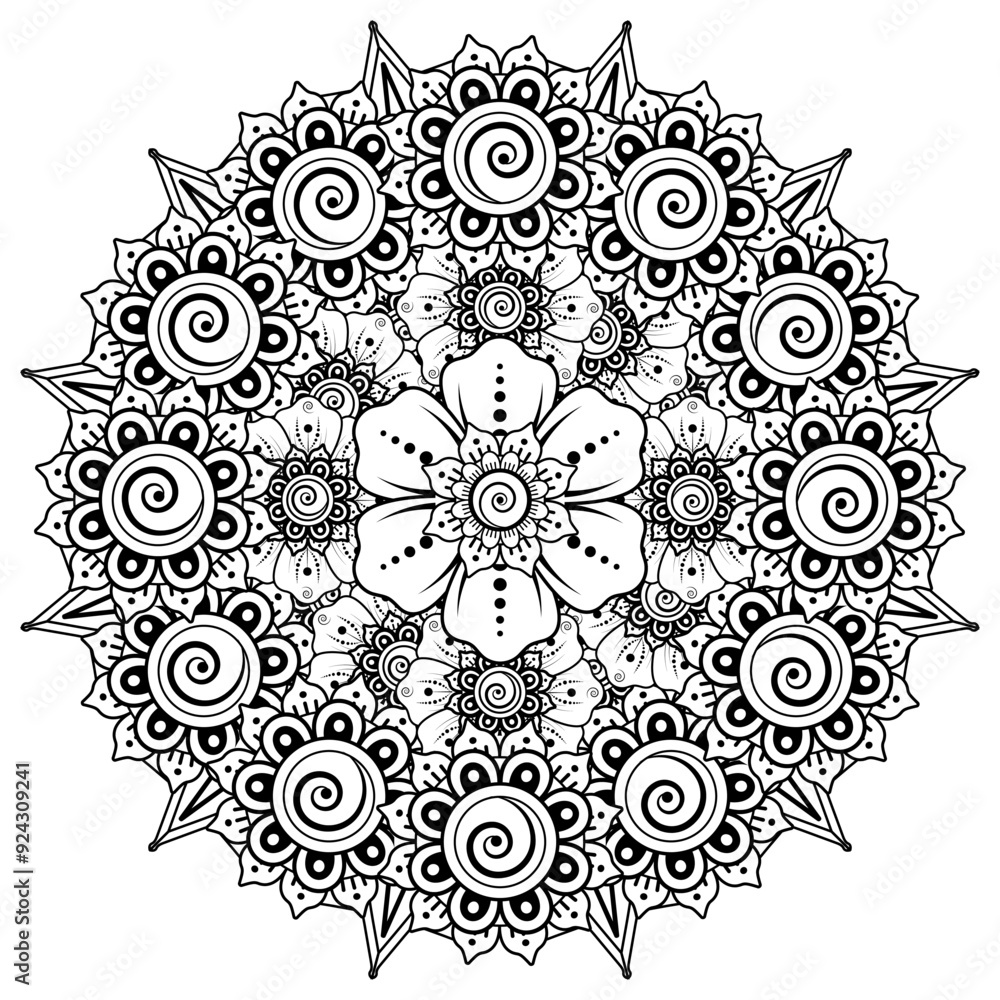 Circular pattern in form of mandala for Henna, Mehndi, tattoo, decoration. Decorative ornament in ethnic oriental style. Coloring book page. Circular pattern in form of mandala for Henna, Mehndi, tattoo, decoration. Decorative ornament in ethnic oriental style. Coloring book page.