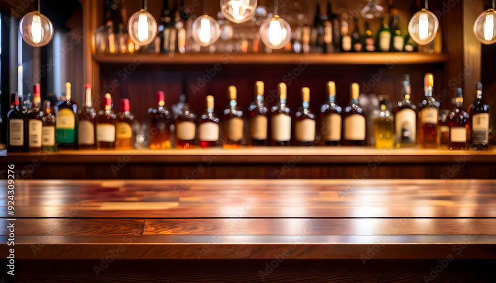 a sophisticated wooden bar counter with a blurred background of assorted liquor bottles, bathed in warm, ambient light. The focus should be on the luxurious texture of the wood and the overall cozy am