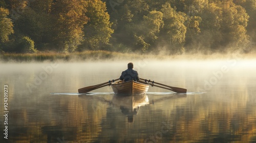 Man Rowing Alone on a Misty Lake