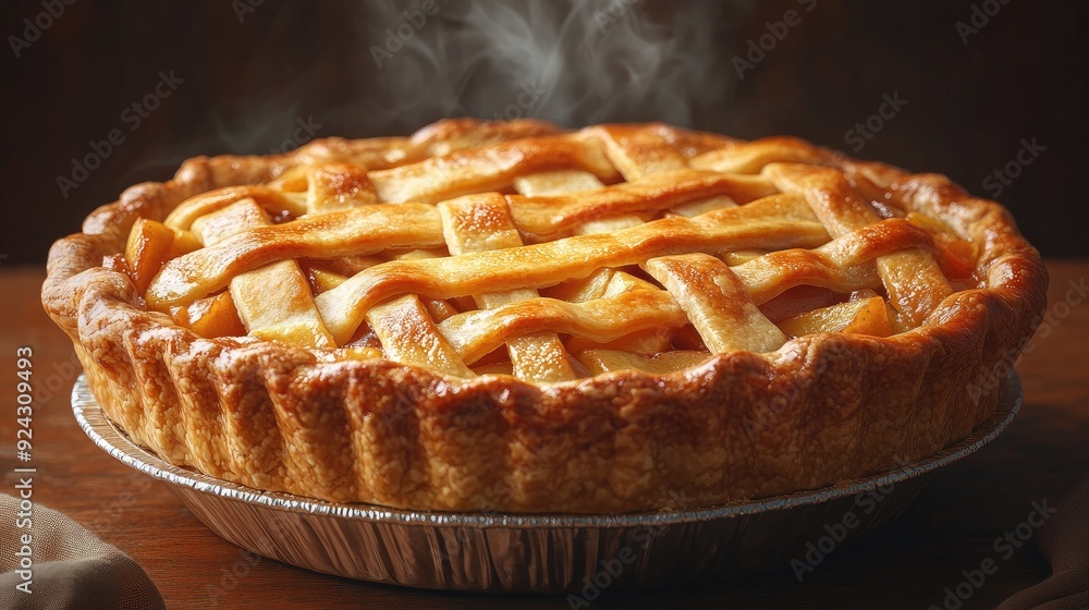 warm apple pie, golden crust with steam rising, soft ambient lighting, rustic and comforting tones warm apple pie, golden crust with steam rising, soft ambient lighting, rustic and comforting tones