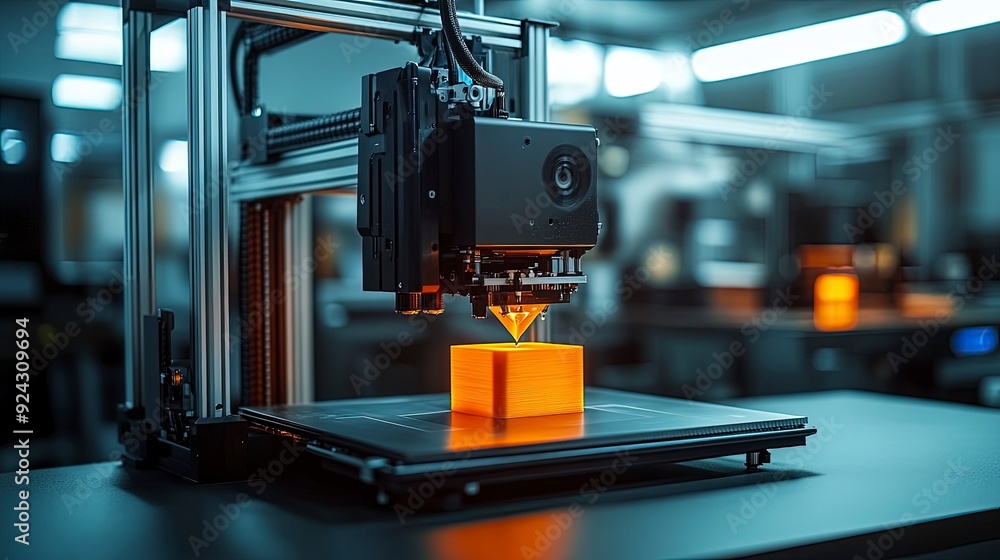 Fototapeta premium 3D printer creating a prototype model in an office setting, soft ambient lighting, innovative and precise tones