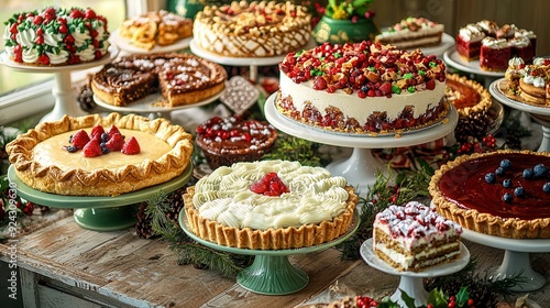 Assortment of Delicious Cakes and Tarts on a Rustic Wooden Table.