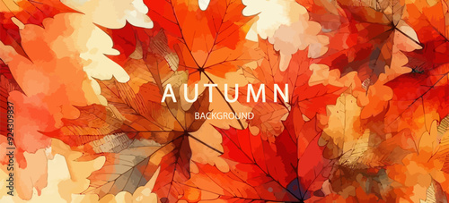 Autumn background with watercolor falling leaves . Abstract art autumn minimalistic background with brush texture and flying maple leaves.. Hand-painted natural art with fall leaves. Autumn border .