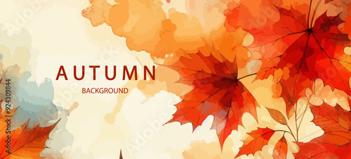Autumn background with watercolor falling leaves . Abstract art autumn minimalistic background with brush texture and flying maple leaves.. Hand-painted natural art with fall leaves. Autumn border .