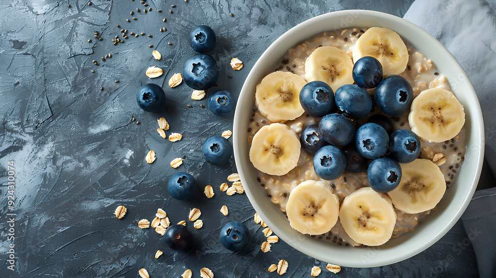 Oatmeal porridge with banana slices and blueberries, served in a white bowl for a nutritious breakfast. Oatmeal porridge with banana slices and blueberries, served in a white bowl for a nutritious breakfast.