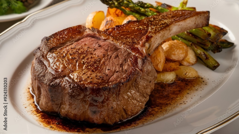 Juicy Beef Rib Eye Steak Served on White Plate Juicy Beef Rib Eye Steak Served on White Plate
