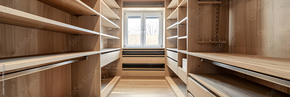 Walk-in Closet Interior with Wooden Shelving and Window - Photo Walk-in Closet Interior with Wooden Shelving and Window - Photo