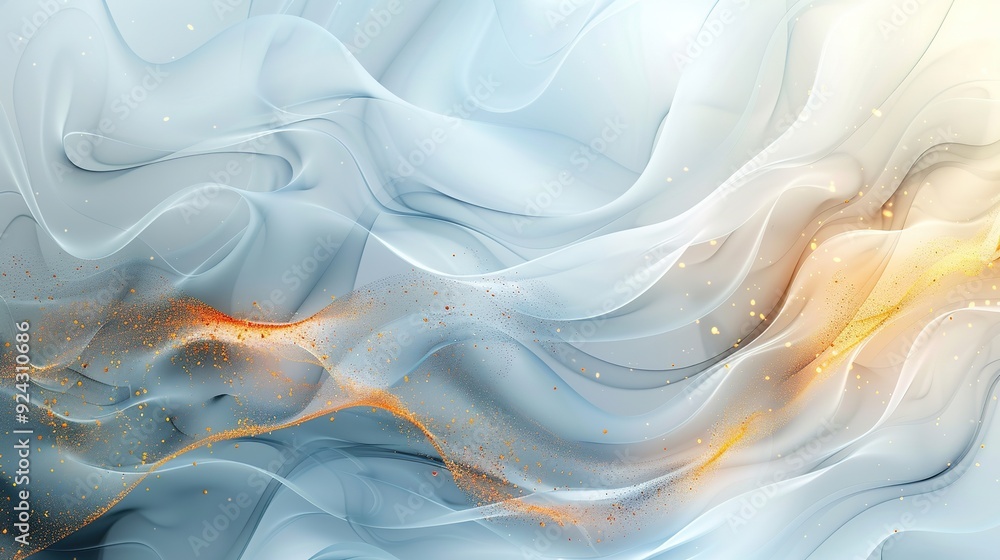 Fototapeta premium Abstract blue and gold flowing background with shimmering particles.