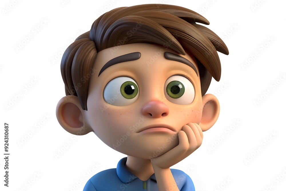 3D Cartoon Boy with Pensive Expression 3D Cartoon Boy with Pensive Expression