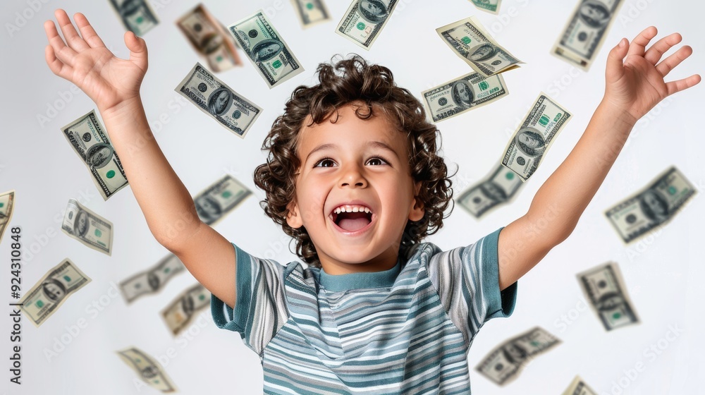 Overjoyed Boy Surrounded By Cash, Celebrating Abundance. Isolated On White background. Overjoyed Boy Surrounded By Cash, Celebrating Abundance. Isolated On White background.