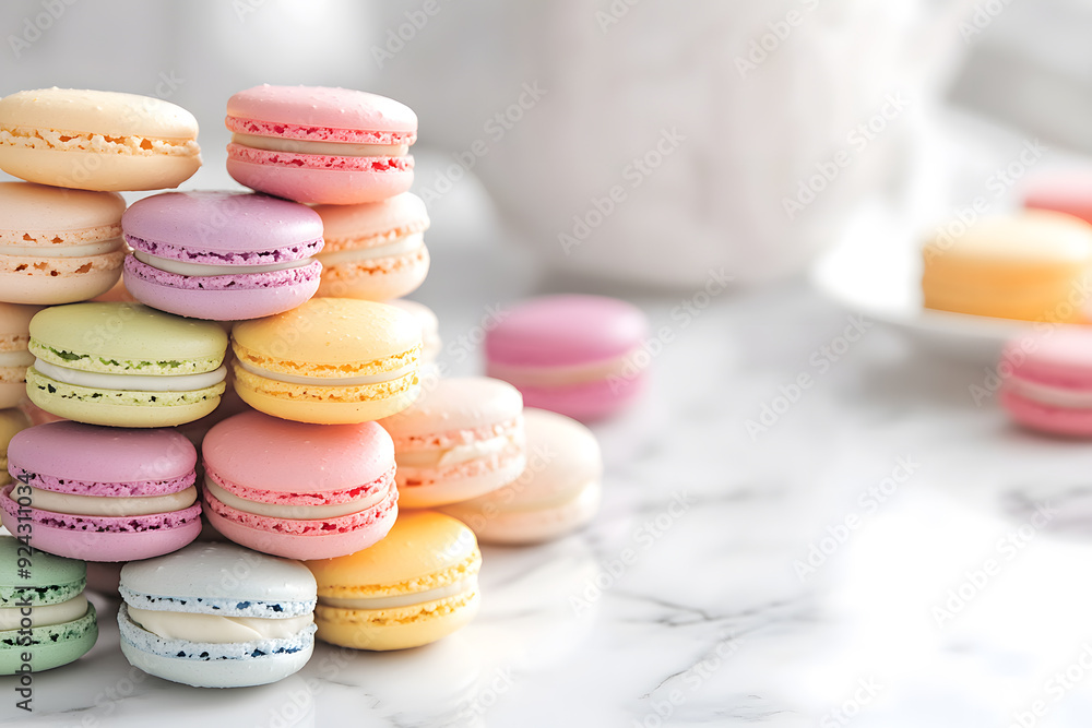 Artistic tower of macarons in vibrant pastel colors, stacked on a smooth white marble table in a luxurious patisserie display Artistic tower of macarons in vibrant pastel colors, stacked on a smooth white marble table in a luxurious patisserie display
