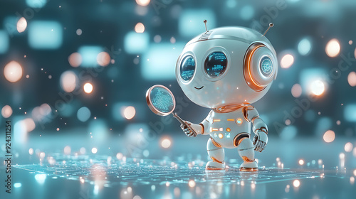 A 3D search engine robot holding a magnifying glass, scanning a digital landscape, symbolizing intelligent search