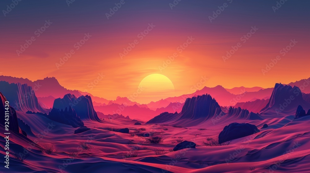 Naklejka premium A minimalist desert landscape with sharp, angular dunes under a vivid orange and purple sky. The scene is punctuated by a few large, jagged rocks and a single, stylized sun hovering just above the