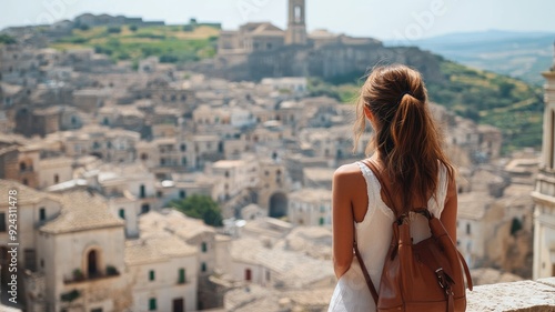 Woman with brown hair admires Mediterranean town