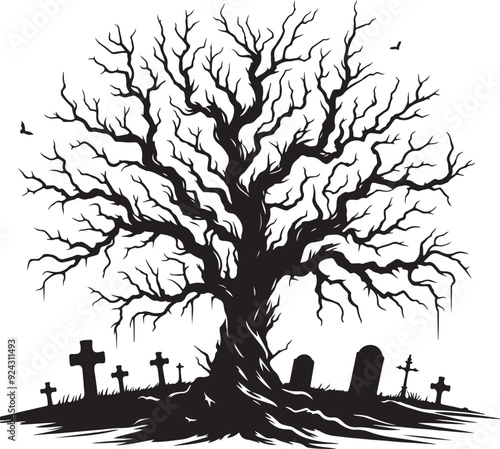 A dead tree silhouette highlights its barren branches, creating a stark and haunting visual.